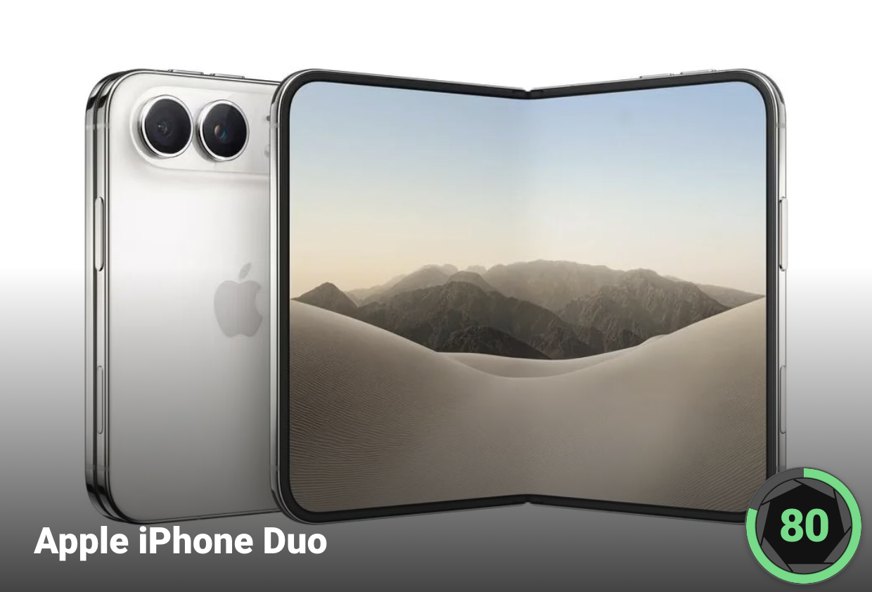 A concept rendering of a foldable smartphone with a silver back, dual rear cameras, and an open, flexible screen displaying a desert landscape, with the text "Apple iPhone Duo" and a circular "80" icon in the corner.