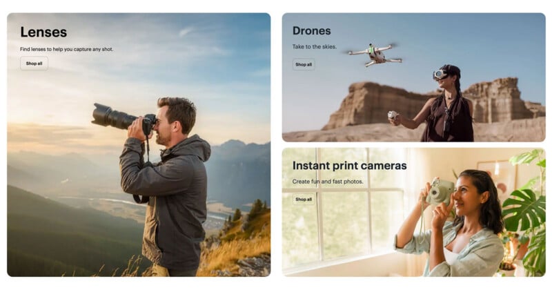 A collage of three panels showing a man using a camera with a telephoto lens, a person flying a drone, and a woman using an instant print camera.