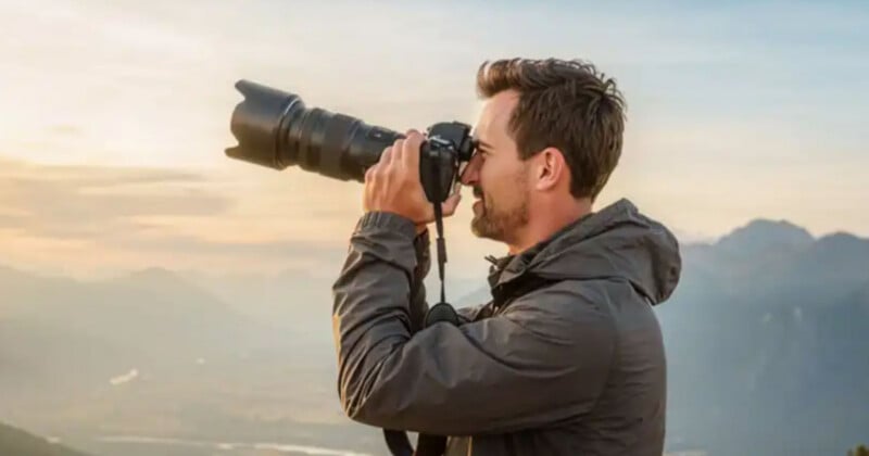 A man in a dark hooded jacket stands outdoors, looking through the viewfinder of a camera with a long lens.