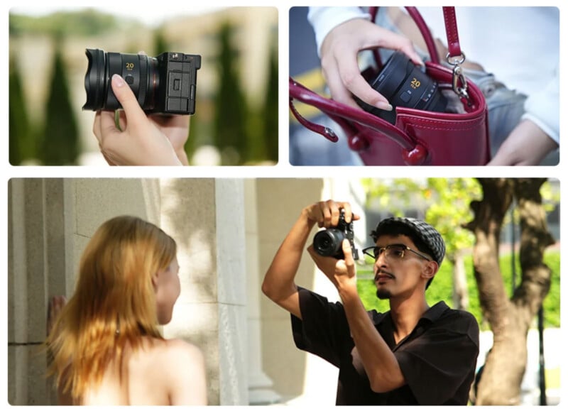 A collage showing a person holding a camera with a 20mm lens, placing the lens into a red handbag, and a photographer using the camera to take a portrait of a woman.