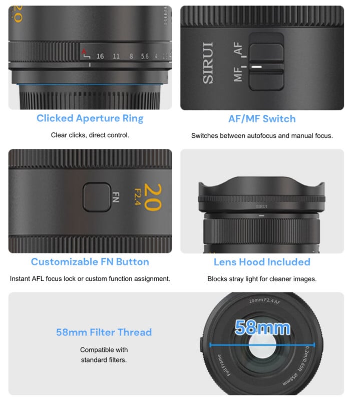 A composite image showing five features of a lens: a clicked aperture ring, an AF/MF switch, a customizable FN button, an included lens hood, and a 58mm filter thread.