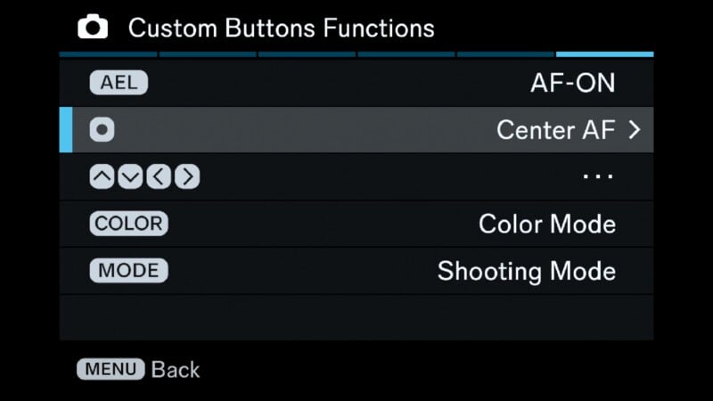 A menu screen titled Custom Buttons Functions displaying button assignments for AF-ON, Center AF, directional arrows, Color Mode, and Shooting Mode.