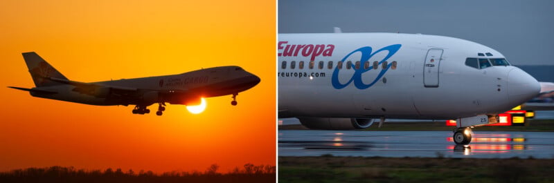 A split-screen view shows a China Airlines cargo plane silhouetted against a bright orange sunset on the left, and the nose of an Air Europa jet taxiing on a wet runway on the right.