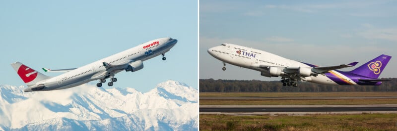 A side-by-side view of two airplanes taking off: an Eurofly Airbus A330 over snowy mountains on the left, and a Thai Airways Boeing 747 over a runway on the right.
