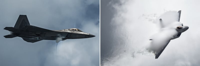 Two side-by-side views of an F-22 Raptor fighter jet in flight, showing the aircraft maneuvering through clouds with visible vapor condensation.