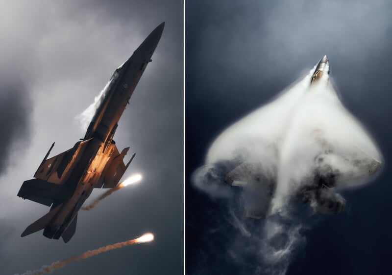 A split-screen view showing a fighter jet releasing flares on the left and a fighter jet creating a vapor cone on the right.
