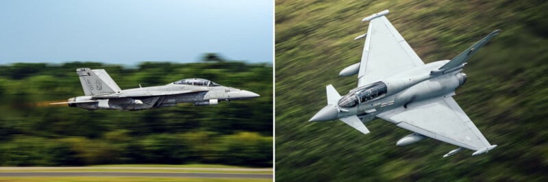 A side-by-side comparison showing a gray F/A-18 Super Hornet in flight on the left and a gray Eurofighter Typhoon in flight on the right.