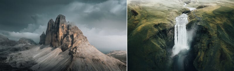 A split-screen view showing a craggy, cloud-shrouded mountain peak on the left and a waterfall cascading into a green valley on the right.
