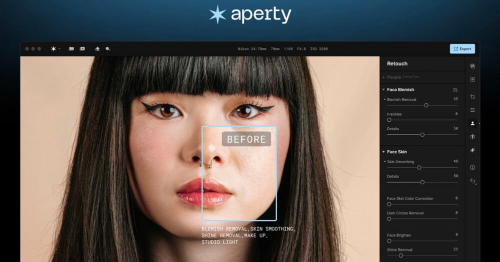 Apertys software interface displays a portrait of a woman with a split-screen comparison showing skin retouching effects.