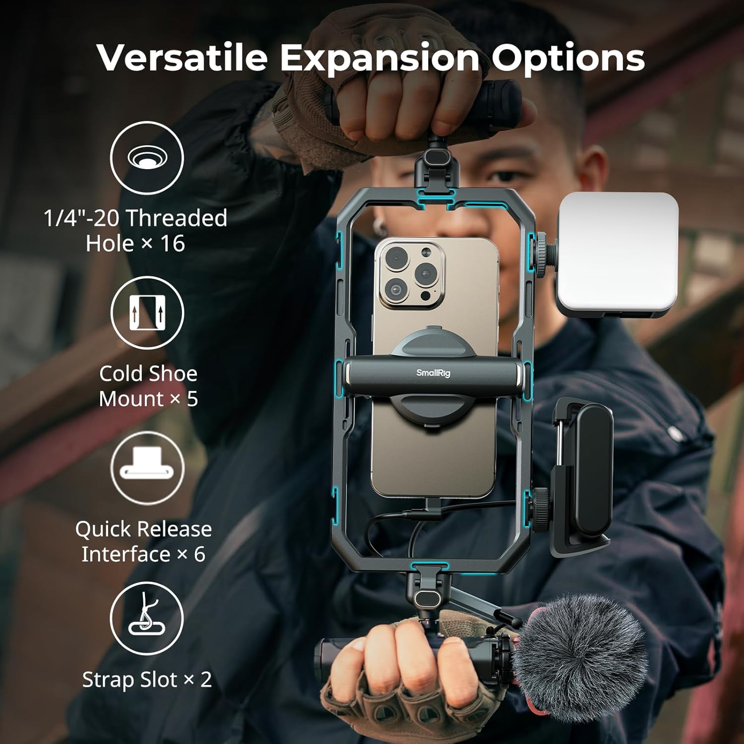 A person holds a metal smartphone cage rig with a phone, light, and microphone attached, surrounded by text labels detailing its expansion features.