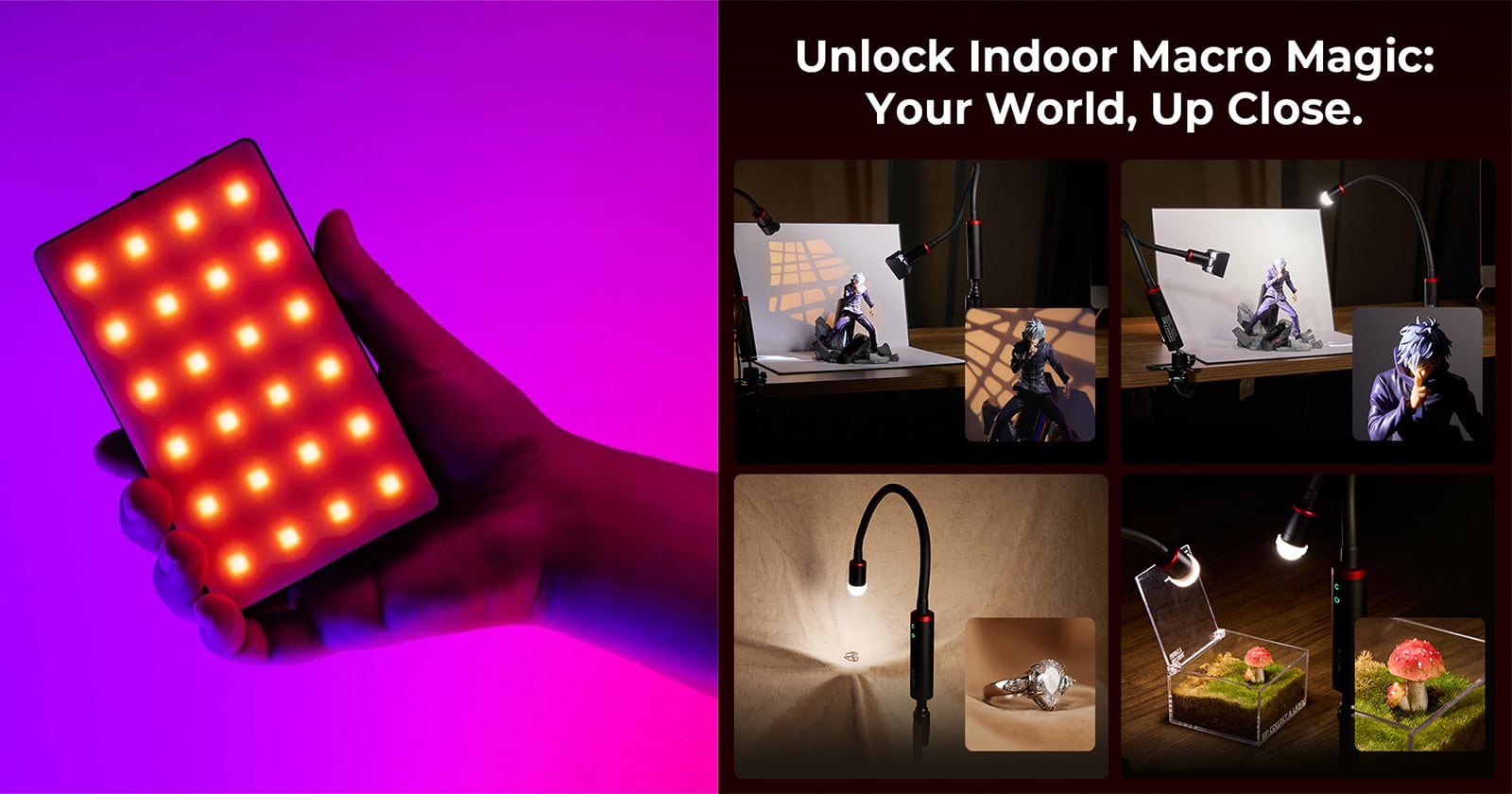 A hand holds a rectangular LED panel glowing orange against a purple background, next to four smaller panels showing flexible lights illuminating miniature figures, a ring, and a mushroom.