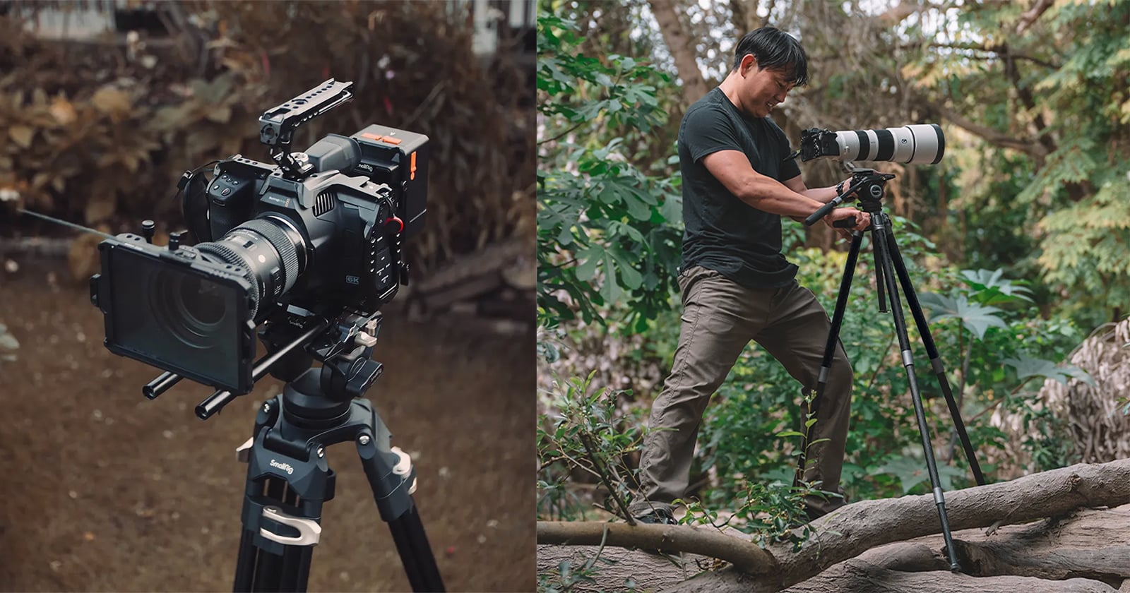 A split-screen view showing a professional cinema camera mounted on a tripod on the left, and a man operating a camera with a long telephoto lens on a tripod in a wooded area on the right.