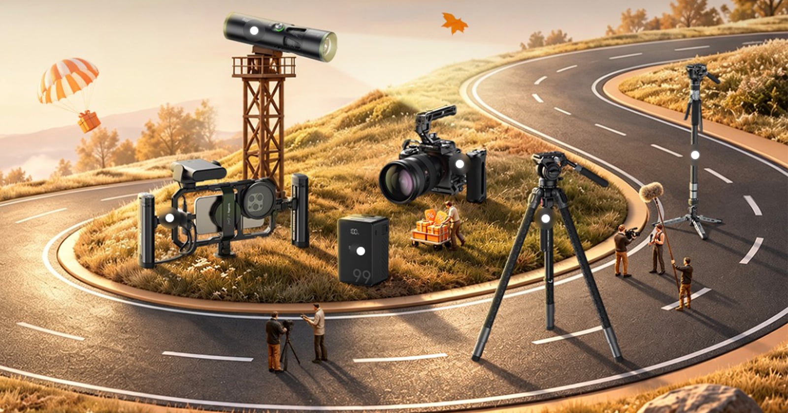 A collection of photography and videography equipment, including a camera rig, a tripod, a power bank, and a light, is arranged on a grassy hill surrounded by a winding road with small figures.