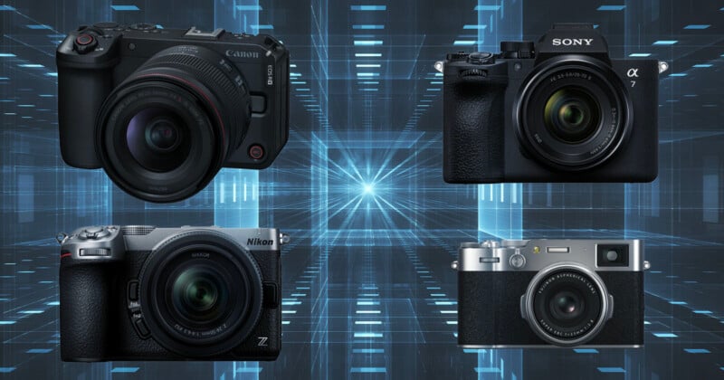 Four digital cameras are arranged in a grid against a blue, digital-themed background with light streaks.