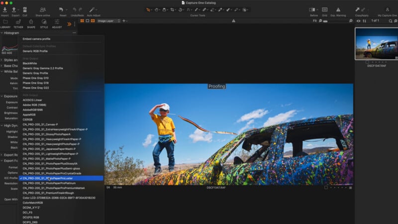 A Capture One software interface displays a color profile selection menu over a photograph of a child standing on a painted car.