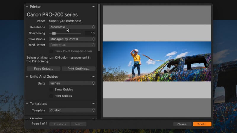 A print dialog box for a Canon PRO-200 series printer displays settings for paper, resolution, and color management alongside a preview of a photograph of a child standing on a painted car.