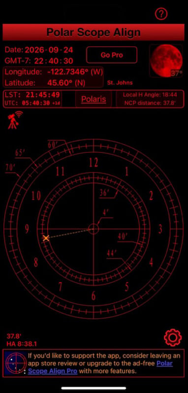 A red-themed mobile app screen titled Polar Scope Align displaying astronomical data, coordinates, and a polar alignment reticle.