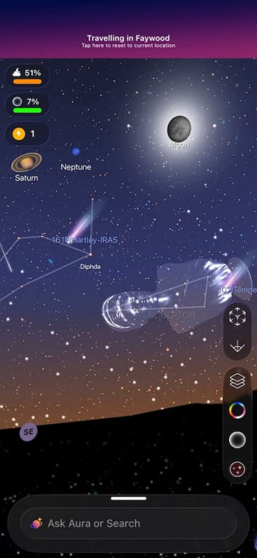 A mobile app interface showing a night sky view with the Moon, Saturn, Neptune, and labeled constellations including Sculptor, with search and settings icons on the right.