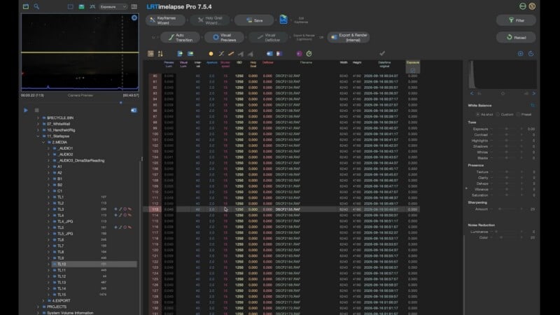 A screenshot of the LRTimelapse Pro 7.5.4 software interface displaying a file list of image sequences with metadata columns and a preview window.