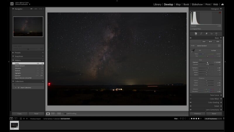 A screenshot of Adobe Lightroom Classic showing a night sky photograph with the Milky Way visible, with the Basic development panel open on the right.