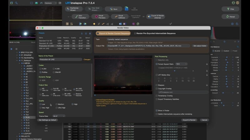 A computer screen displays the LRTimelapse Pro 7.5.4 software interface with a Render Video dialog box open over the main window.