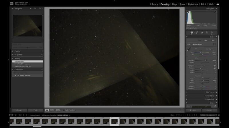 A screenshot of Adobe Lightroom Classic showing a night sky photograph with star trails being edited in the Develop module.