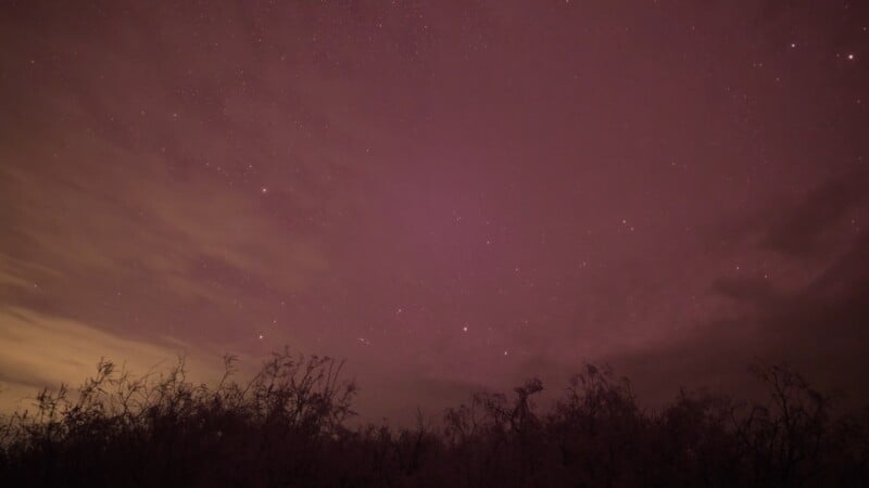 A night sky with visible stars and thin clouds above a dark, silhouetted treeline.