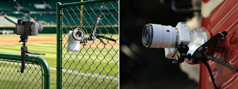 Two side-by-side images show a versatile camera mount attached to a chain-link fence and a vehicle headlight, holding different cameras in various positions.