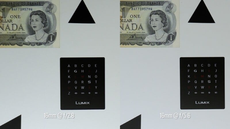 A side-by-side comparison of two test charts showing a Canadian one-dollar bill and a grid of letters, labeled 16mm @ f/2.8 and 16mm @ f/5.6.
