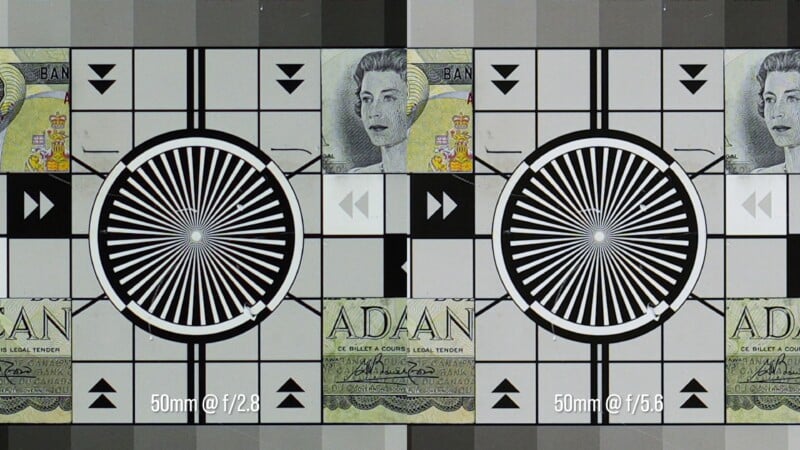 A side-by-side comparison of a test chart showing a Canadian banknote and geometric patterns at 50mm f/2.8 and 50mm f/5.6.