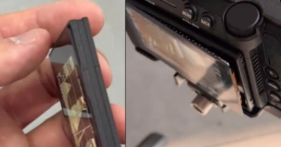 A split-screen view shows a person holding a detached camera screen on the left and the same screen partially separated from the camera body on the right.