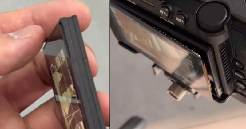 A split-screen view shows a person holding a detached camera screen on the left and the same screen partially separated from the camera body on the right.
