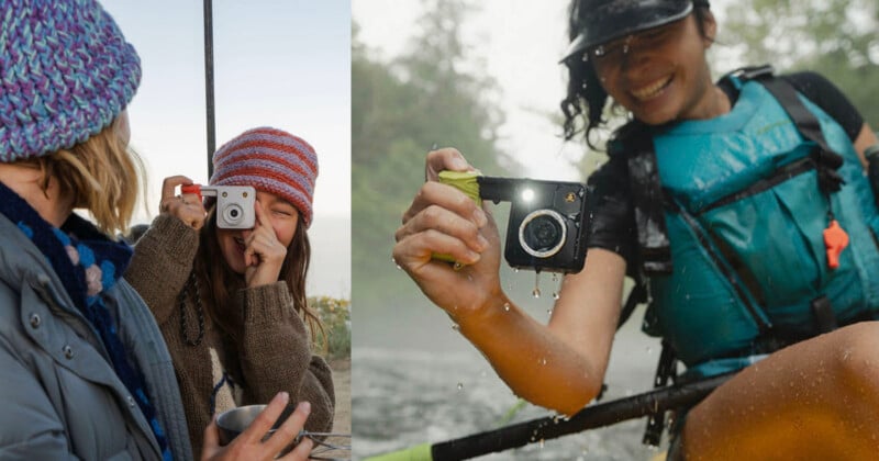 Two people wearing knit hats take photos with a small camera, while a person in a life vest holds a waterproof camera while kayaking.