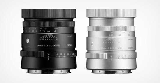 Two Sigma 50mm 1:1.4 CL DG lenses, one in black and one in silver, standing side-by-side against a white background.