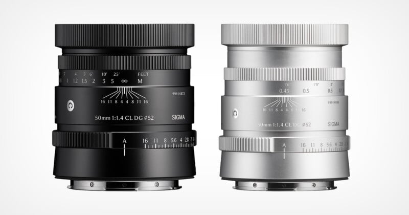 Two Sigma 50mm 1:1.4 CL DG lenses, one in black and one in silver, standing side-by-side against a white background.