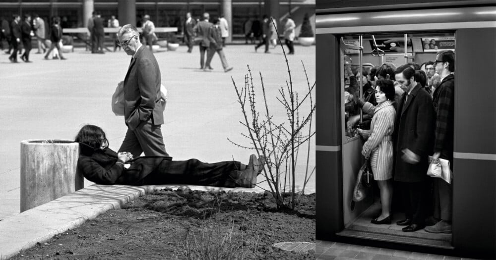A split-screen image showing a person lying on a concrete ledge outdoors on the left and commuters standing in a subway car on the right.