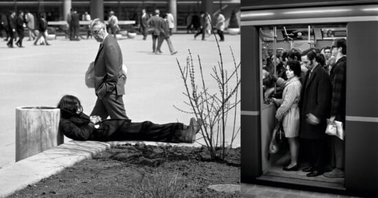A split-screen image showing a person lying on a concrete ledge outdoors on the left and commuters standing in a subway car on the right.