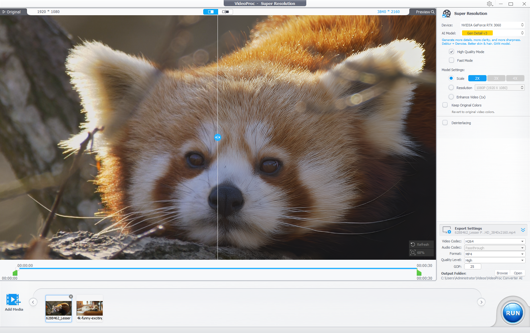 A screenshot of the VideoProc Converter AI software interface showing a split-screen comparison of a red panda, with original 1080p footage on the left and upscaled 4K footage on the right.