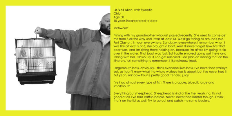 A man stands against a bright yellow background holding a birdcage containing a small bird, with text to the right describing his memories of fishing.