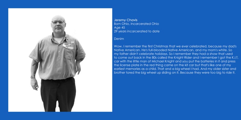 A black-and-white portrait of a man in a short-sleeved button-down shirt and dark trousers, accompanied by biographical text.