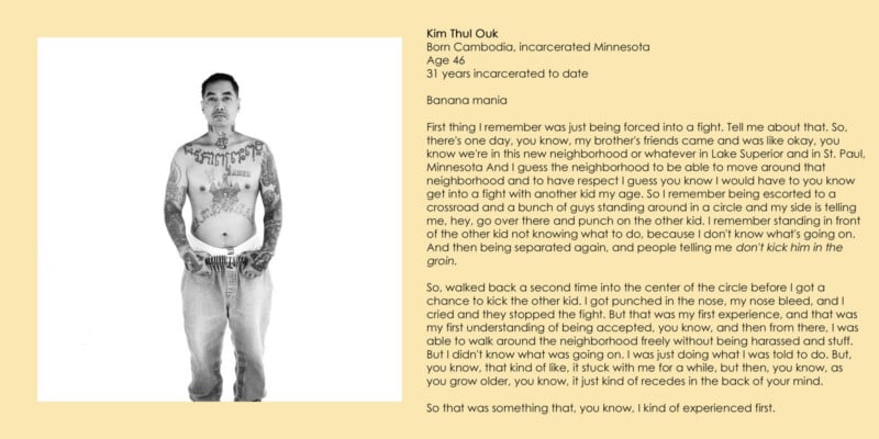 A black-and-white portrait of Kim Thul Ouk, a shirtless man with extensive tattoos, standing next to a biographical text.