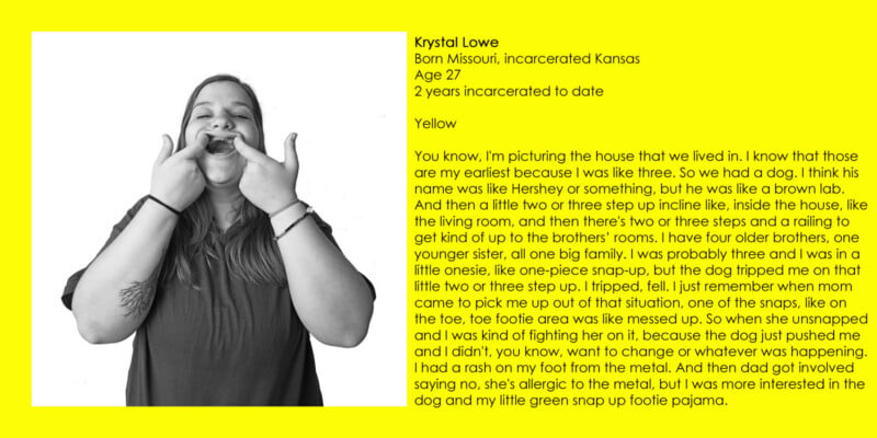 A black-and-white portrait of a young woman pulling at the corners of her mouth with her fingers, set against a bright yellow background with biographical text to the right.
