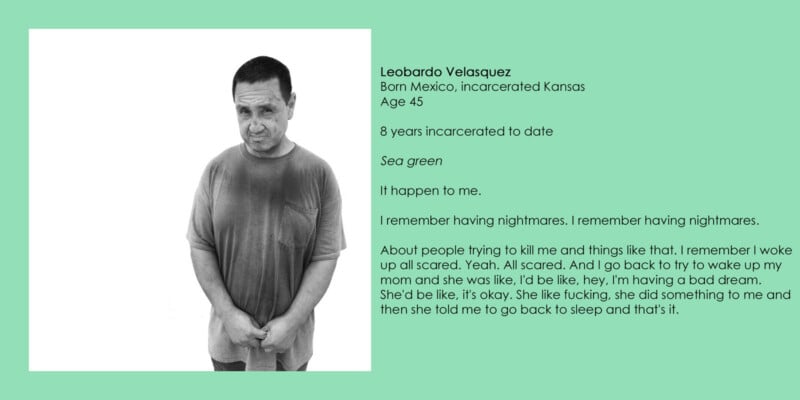 A black-and-white portrait of Leobardo Velasquez, a 45-year-old man from Mexico incarcerated in Kansas, next to his personal testimony.