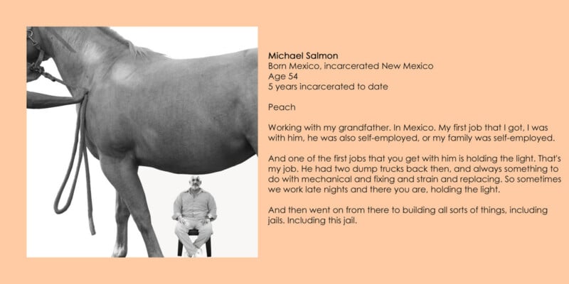 A man sits on a chair beneath a horse, accompanied by text detailing his name, background, and personal history.