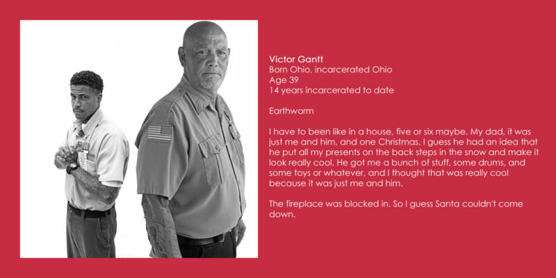 A black-and-white portrait of two men standing back-to-back against a white background, with text about Victor Gantt on the right side.