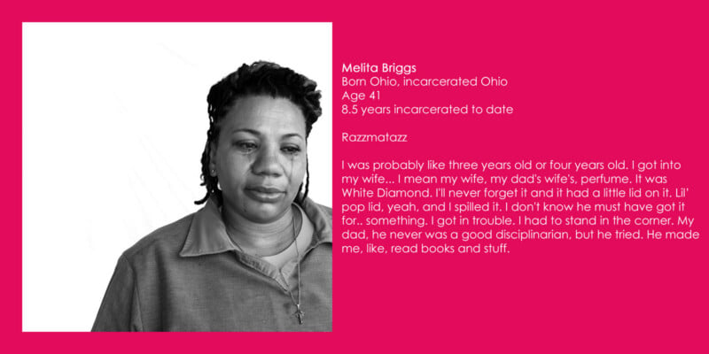 A black-and-white portrait of Melita Briggs, a 41-year-old woman with tears on her face, next to text about her life.