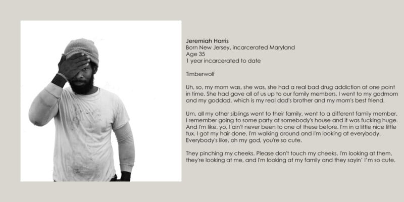 A black and white portrait of a man wearing a beanie and a long-sleeved shirt, with text to the right detailing his biography.