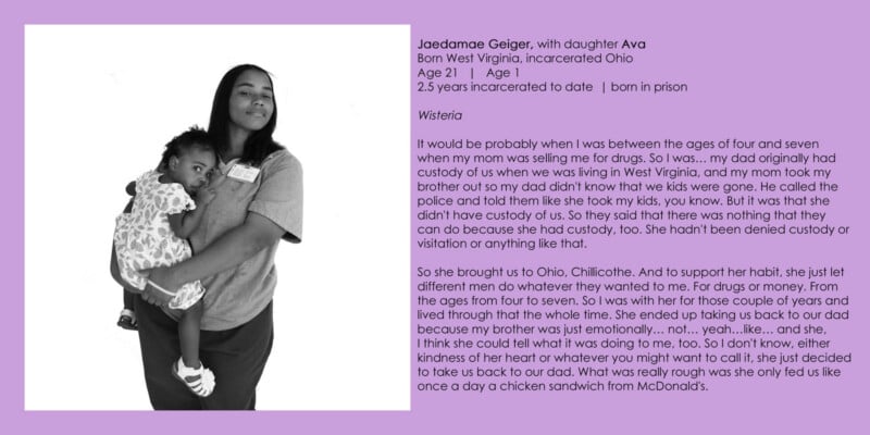 A black-and-white portrait of a young woman holding her toddler, accompanied by text detailing their personal history.