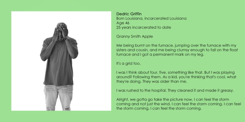A black-and-white portrait of a man standing with his hands covering his face, next to a block of text about Dedric Griffin.