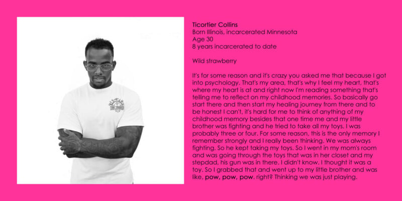 A black-and-white portrait of a man with glasses and a white t-shirt next to a block of text about Ticortier Collins.